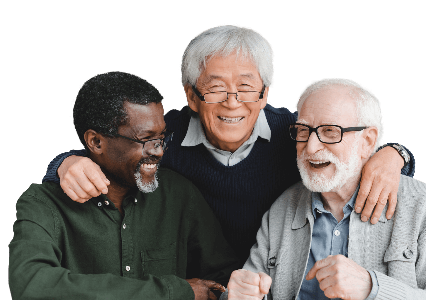 Three older men laughing with arms around each other